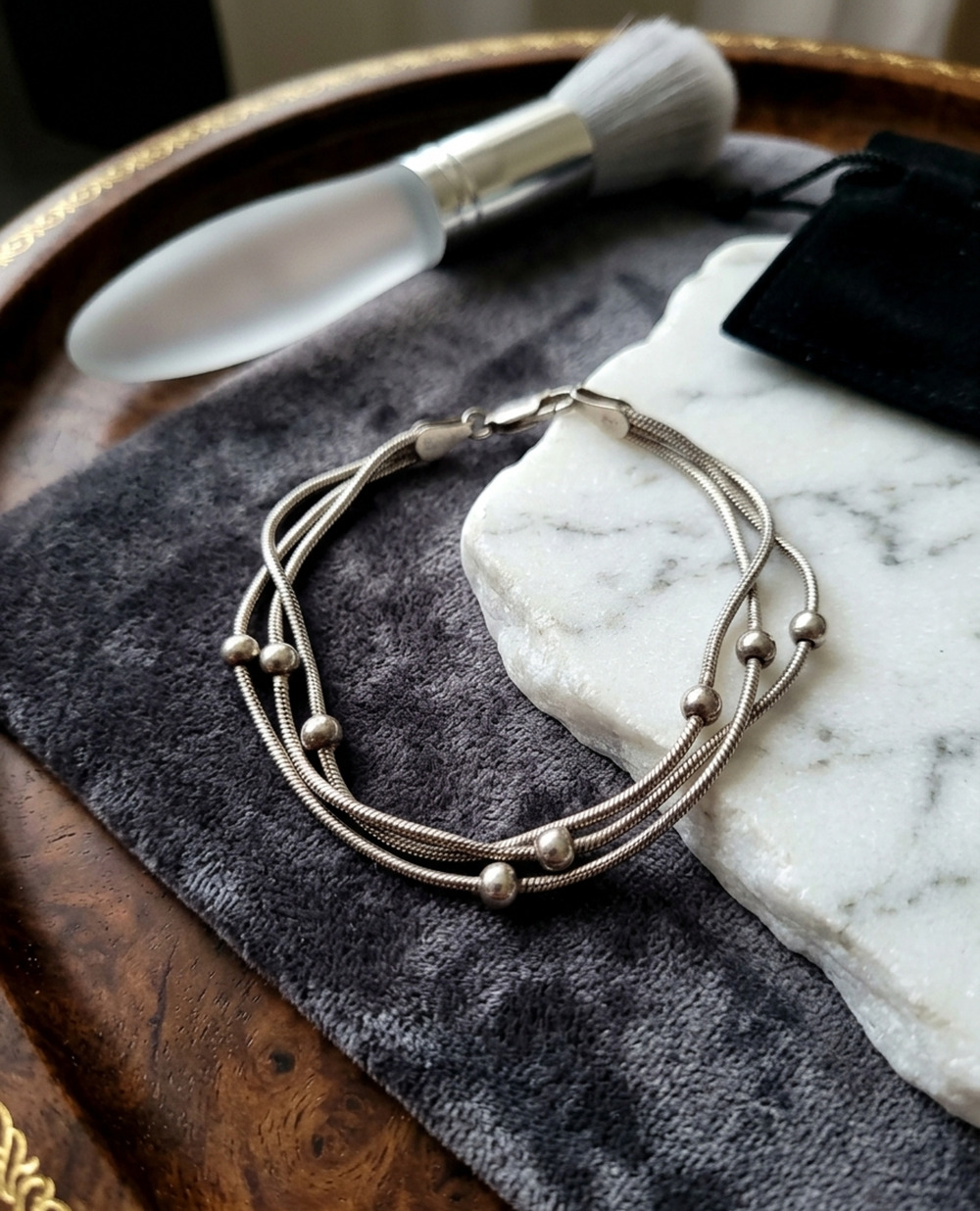 Bibi Italy 925 Sterling Silver Triple Strand Snake Chain Bead Bracelet 6.75 In